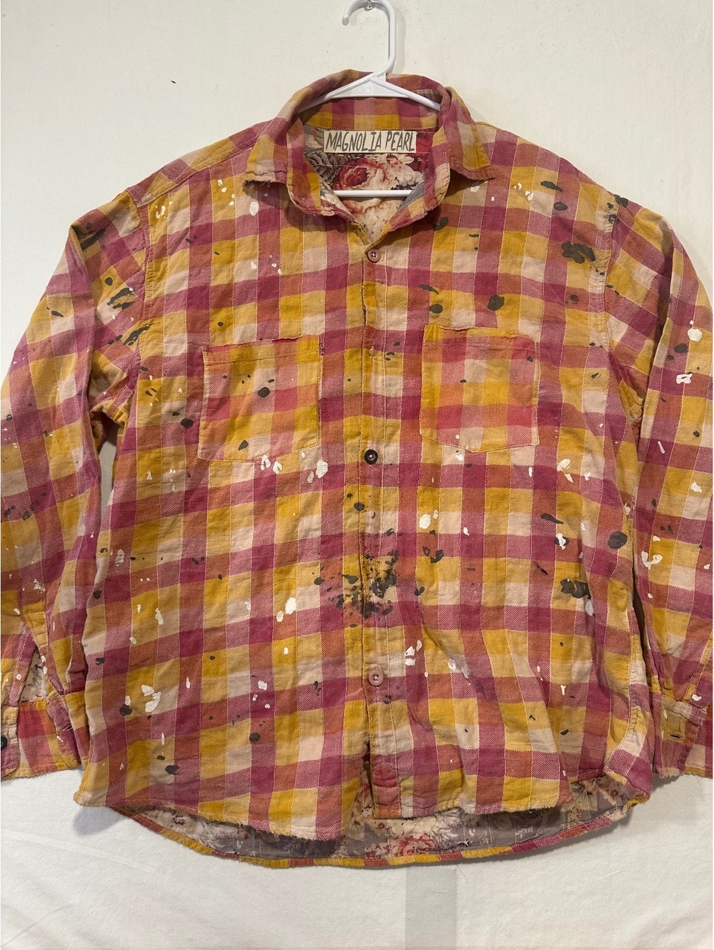 Magnolia Pearl Boyfriend Shirt Plaid Patchwork Paint Splatter Distressed OS